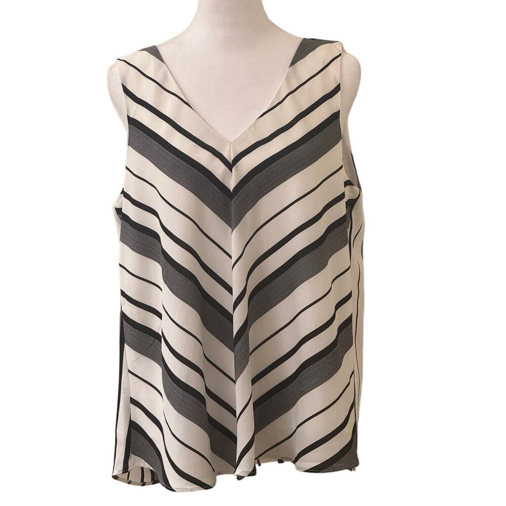 Kenar Black and White Striped Sleeveless V-Neck Lined Blouse Size Large